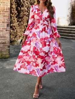 Discount Women's Floral Geometric Ruched Print V Neck Midi Dress Daily Vacation Long Sleeve Spring Fall Women Spring Dresses