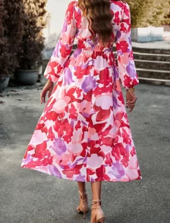 Discount Women's Floral Geometric Ruched Print V Neck Midi Dress Daily Vacation Long Sleeve Spring Fall Women Spring Dresses