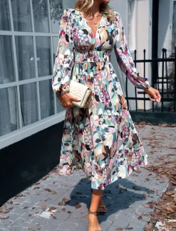 Discount Women's Floral Geometric Ruched Print V Neck Midi Dress Daily Vacation Long Sleeve Spring Fall Women Spring Dresses