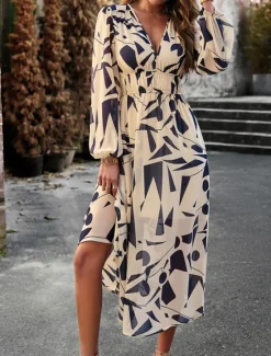 Discount Women's Floral Geometric Ruched Print V Neck Midi Dress Daily Vacation Long Sleeve Spring Fall Women Spring Dresses