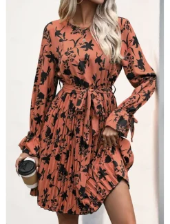 Hot Women's Floral Graphic Crew Neck Mini Dress Long Sleeve Spring Fall Women Spring Dresses