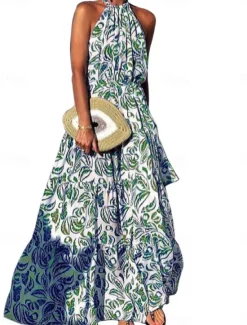 Online Women's Floral Halter Neck Maxi Dress Long Sleeve Summer Spring Women Vacation Dresses
