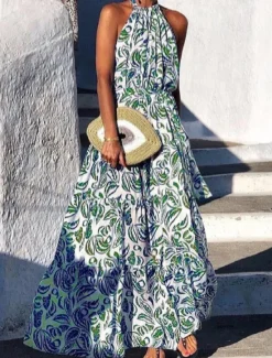 Online Women's Floral Halter Neck Maxi Dress Long Sleeve Summer Spring Women Vacation Dresses