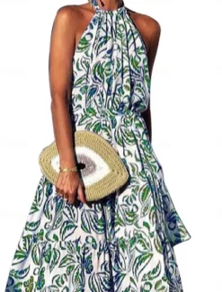 Online Women's Floral Halter Neck Maxi Dress Long Sleeve Summer Spring Women Vacation Dresses