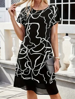 Sale Women's Floral Lace Crew Neck Lace Sleeve Midi Dress Short Sleeve Summer Women Work Dresses