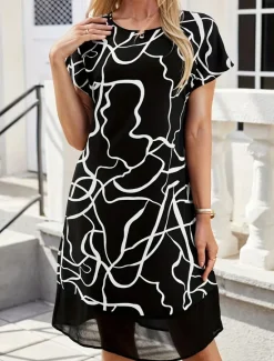 Sale Women's Floral Lace Crew Neck Lace Sleeve Midi Dress Short Sleeve Summer Women Work Dresses