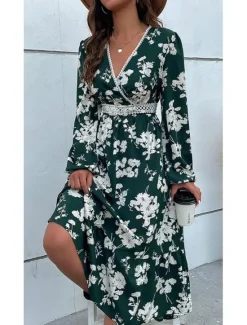 Outlet Women's Floral Lace Print V Neck Long Dress Maxi Dress Long Sleeve Spring Fall Women Spring Dresses