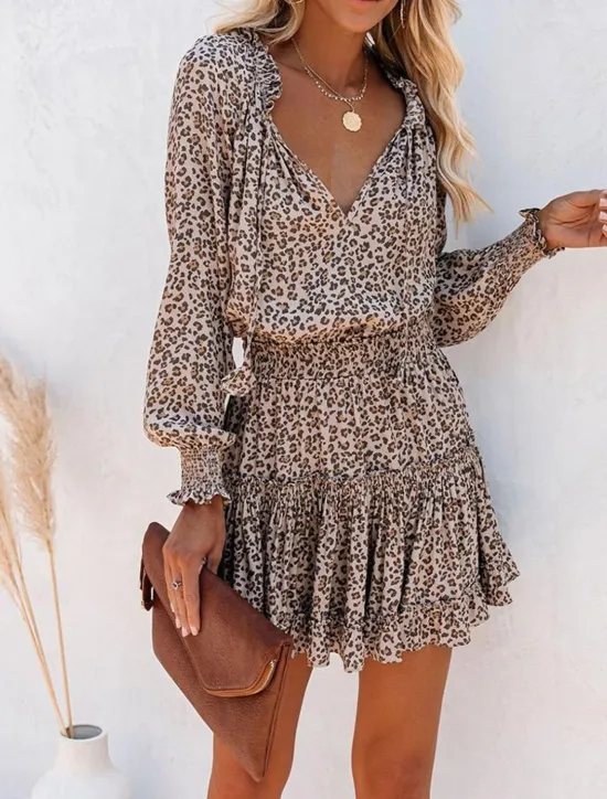 Online Women's Floral Leopard Ruched Ruffle V Neck Mini Dress Daily Vacation Long Sleeve Summer Spring Women Floral Dresses|Spring Dresses