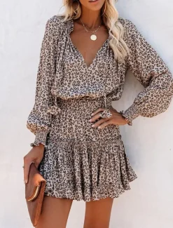 Online Women's Floral Leopard Ruched Ruffle V Neck Mini Dress Daily Vacation Long Sleeve Summer Spring Women Floral Dresses|Spring Dresses
