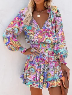 Online Women's Floral Leopard Ruched Ruffle V Neck Mini Dress Daily Vacation Long Sleeve Summer Spring Women Floral Dresses|Spring Dresses