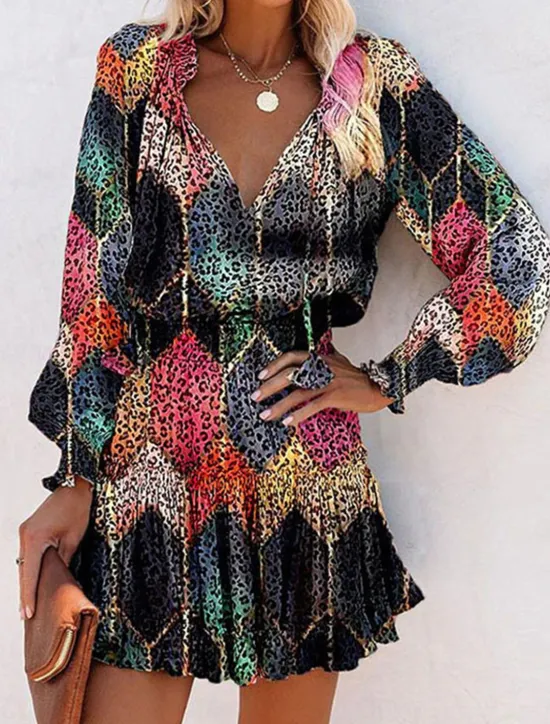 Online Women's Floral Leopard Ruched Ruffle V Neck Mini Dress Daily Vacation Long Sleeve Summer Spring Women Floral Dresses|Spring Dresses