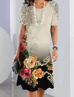 Women's Floral Print Crew Neck Mini Dress Stylish Formal Cocktail Party Short Sleeve Summer Women Spring Dresses