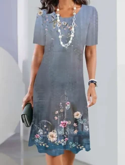 Women's Floral Print Crew Neck Mini Dress Stylish Formal Cocktail Party Short Sleeve Summer Women Spring Dresses