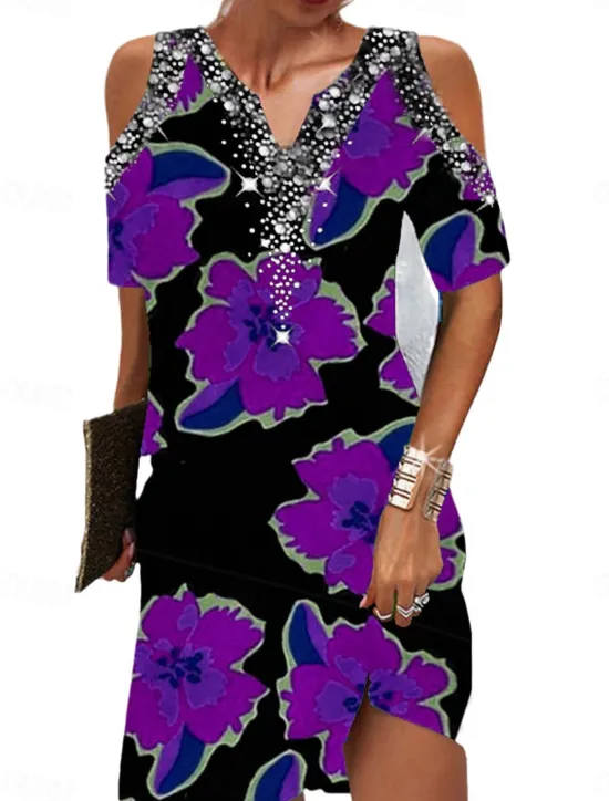 Online Women's Floral Print V Neck Mini Dress Formal Party Date Summer Women Spring Dresses
