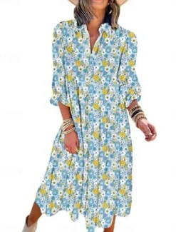 Online Women's Floral Shirt Collar Midi Dress Long Sleeve Summer Spring Women Spring Dresses