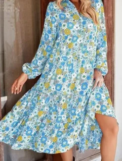 Online Women's Floral Shirt Collar Midi Dress Long Sleeve Summer Spring Women Spring Dresses