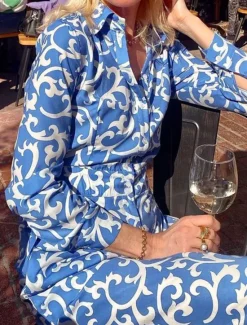 New Women's Floral Shirt Collar Maxi Dress Long Sleeve Summer Spring Women Vacation Dresses