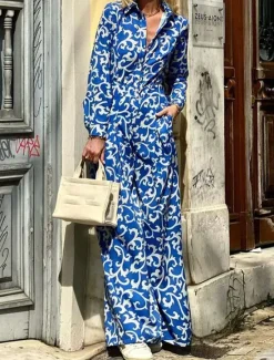 New Women's Floral Shirt Collar Maxi Dress Long Sleeve Summer Spring Women Vacation Dresses