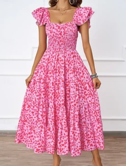 Discount Women's Floral Square Neck Midi Dress Short Sleeve Summer Spring Women Cocktail Dress