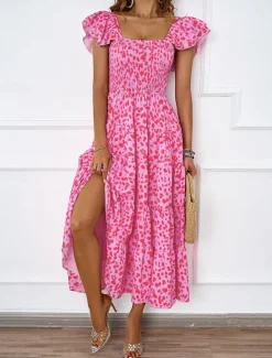 Discount Women's Floral Square Neck Midi Dress Short Sleeve Summer Spring Women Cocktail Dress
