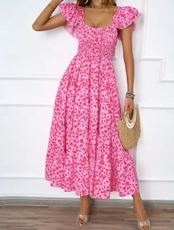 Discount Women's Floral Square Neck Midi Dress Short Sleeve Summer Spring Women Cocktail Dress