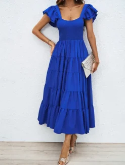 Discount Women's Floral Square Neck Midi Dress Short Sleeve Summer Spring Women Cocktail Dress