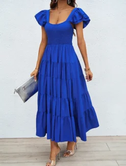 Discount Women's Floral Square Neck Midi Dress Short Sleeve Summer Spring Women Cocktail Dress