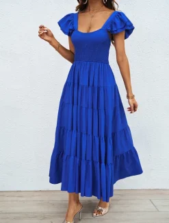 Discount Women's Floral Square Neck Midi Dress Short Sleeve Summer Spring Women Cocktail Dress
