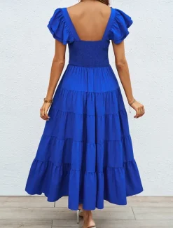 Discount Women's Floral Square Neck Midi Dress Short Sleeve Summer Spring Women Cocktail Dress