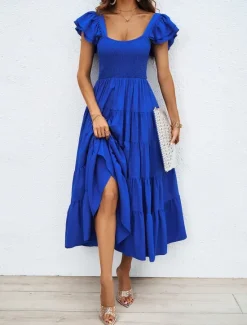 Discount Women's Floral Square Neck Midi Dress Short Sleeve Summer Spring Women Cocktail Dress