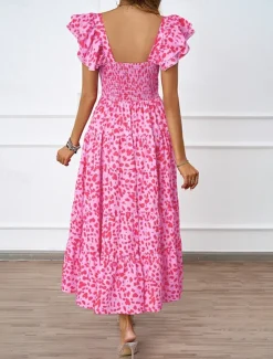 Discount Women's Floral Square Neck Midi Dress Short Sleeve Summer Spring Women Cocktail Dress