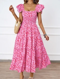Discount Women's Floral Square Neck Midi Dress Short Sleeve Summer Spring Women Cocktail Dress