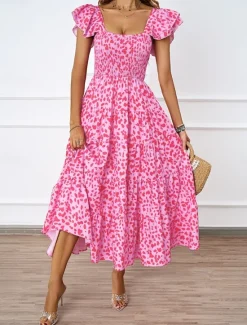 Discount Women's Floral Square Neck Midi Dress Short Sleeve Summer Spring Women Cocktail Dress