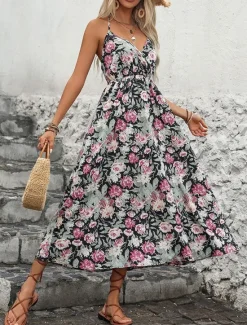 Online Women's Floral Strap Midi Dress Sleeveless Summer Spring Women Spring Dresses|Floral Dresses