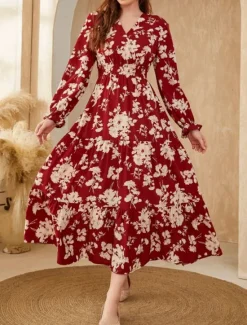 New Women's Floral V Neck Maxi Dress Long Sleeve Summer Spring Women Floral Dresses