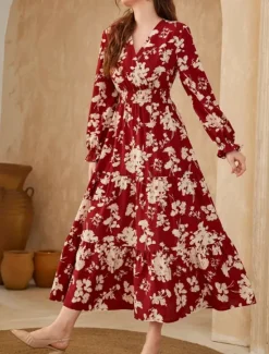 New Women's Floral V Neck Maxi Dress Long Sleeve Summer Spring Women Floral Dresses