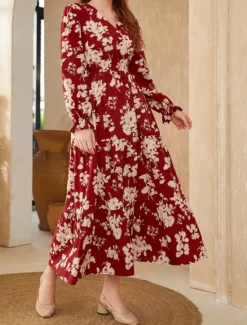 New Women's Floral V Neck Maxi Dress Long Sleeve Summer Spring Women Floral Dresses