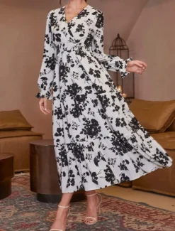 New Women's Floral V Neck Maxi Dress Long Sleeve Summer Spring Women Floral Dresses