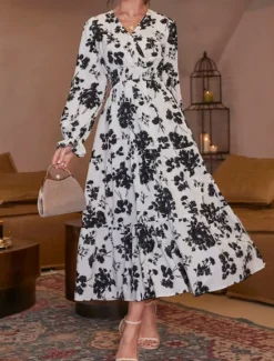 New Women's Floral V Neck Maxi Dress Long Sleeve Summer Spring Women Floral Dresses