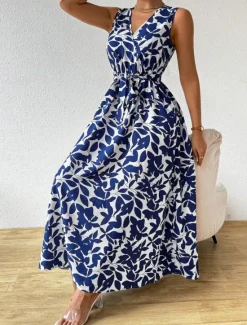Hot Women's Floral V Neck Maxi Dress Sleeveless Summer Spring Women Floral Dresses