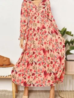 Discount Women's Floral V Neck Maxi Dress Long Sleeve Spring Fall Women Floral Dresses