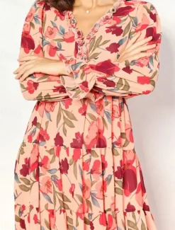 Discount Women's Floral V Neck Maxi Dress Long Sleeve Spring Fall Women Floral Dresses