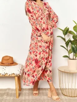 Discount Women's Floral V Neck Maxi Dress Long Sleeve Spring Fall Women Floral Dresses