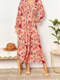 Discount Women's Floral V Neck Maxi Dress Long Sleeve Spring Fall Women Floral Dresses