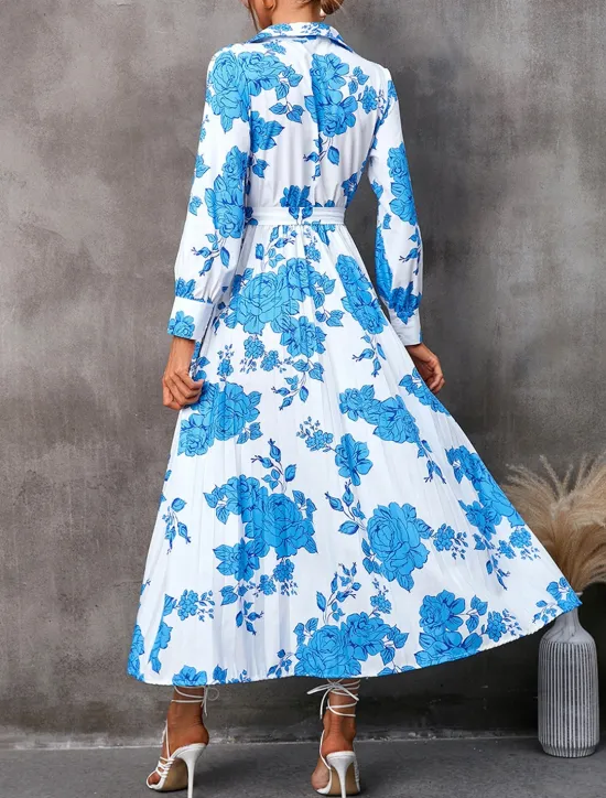 Women's Floral V Neck Midi Dress Long Sleeve Spring Fall Women Work Dresses