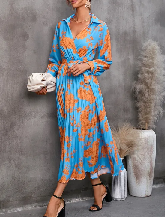 Women's Floral V Neck Midi Dress Long Sleeve Spring Fall Women Work Dresses