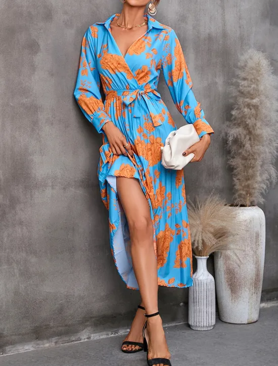 Women's Floral V Neck Midi Dress Long Sleeve Spring Fall Women Work Dresses