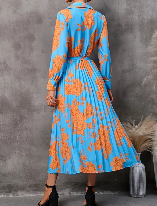 Women's Floral V Neck Midi Dress Long Sleeve Spring Fall Women Work Dresses