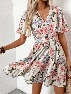 Sale Women's Floral V Neck Mini Dress Short Sleeve Summer Spring Women Spring Dresses