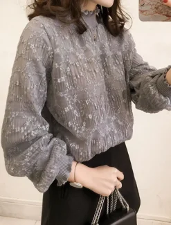 New Women's Flowy Tops Solid Color Elegant Ladies Long Sleeve High Neck Regular Tops Going out Lace White Gray Spring Fall Women Lace Tops